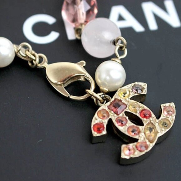 CHANEL CC Logos Pearl Multicolor Stone Bracelet 7" Gold Tone Auth D-1002 - Picture 2 of 4
